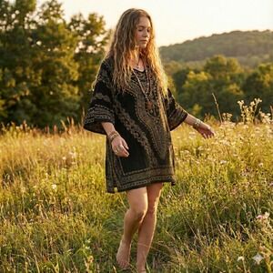 Nurture Black Gold African Print Kaftan Top Boho Beach Cover Up XL Cruise